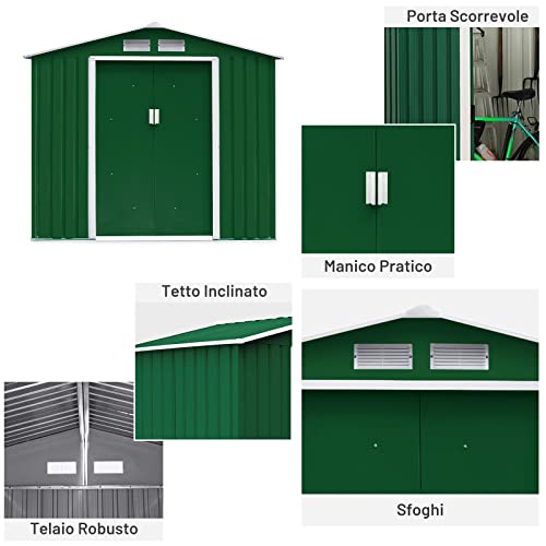 COSTWAY Casetta da Giardino in Acciaio 2,7㎡, con Base, Porte Scorrevoli, Maniglie, Sfoghi e Tettoia, Capanno da Esterno per Giardino, Fattoria e Cortile, 213 x 127 x 185 cm (Verde Scuro)