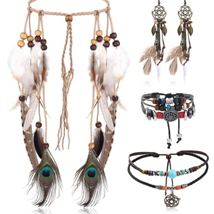 LOLIAS 4 Pezzi Copricapo Boho Indiano Set Collana Pelle Orecchini Piume Per Donna Braccialetto Fatto Mano Vintage Hippie Tribale Festa Tema Carnevale Gioielli
