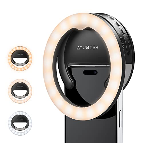 ATUMTEK Selfie Ring Light Telefono Luce ad Anello Ricaricabile Clip-on 40 LED Luce di Riempimento per Foto e Video per Streaming, TikTok, Instagram, Zoom Meeting e Videoconferenza - Nero