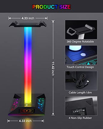 Porta Cuffie Gaming Accessori RGB LED Supporto Cuffie da Gioco con 2 Porte USB, Stand Cuffie Reggi Cuffie da Scrivania PC Gamer Headset Stand, Nero