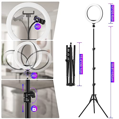 GerTong 10” Ring Light Professionale Grande Altezza 1m78, Luce per Selfie Fotografia Trucco Tik Tok Youtube, Lampada con 40 Modalità & 13 Luminosità, 59" Treppiede Luce ad Anello LED con Telecomando