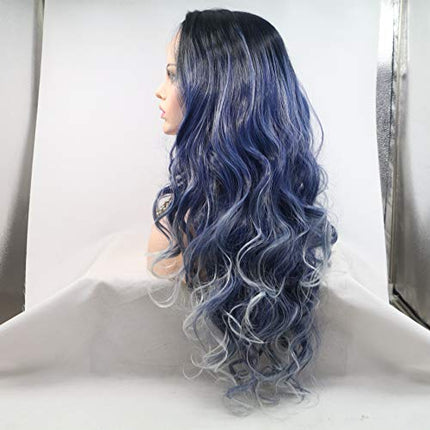 Parrucca da 61 cm con pizzo blu chiaro blu sfumato, parrucca sintetica morbida senza colla, capelli resistenti al calore 180% densità (blu)