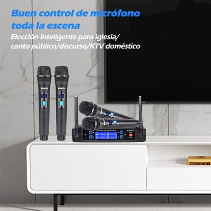 BOMGE Sistema di microfoni wireless, Pro 4 canali cordless set con quattro microfoni portatili, frequenza fissa, lunga autonomia 60 m, ideale per chiesa, karaoke, eventi