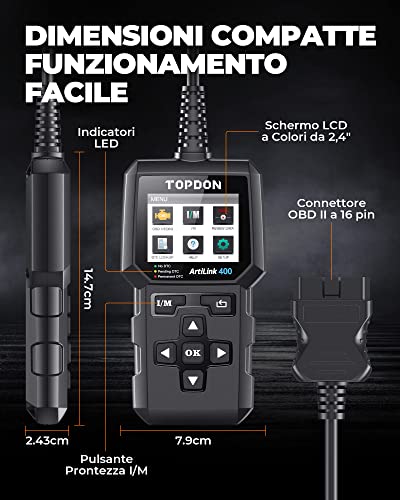 TOPDON AL400 OBD2 Diagnostico per Auto, 10 Modalità OBD2, Pulsante One Touch I/M Ready, OBD2 Scanner Auto Diagnostica Aggiornamenti a Vita, 2.4 Pollici Schermo a Colori TFT