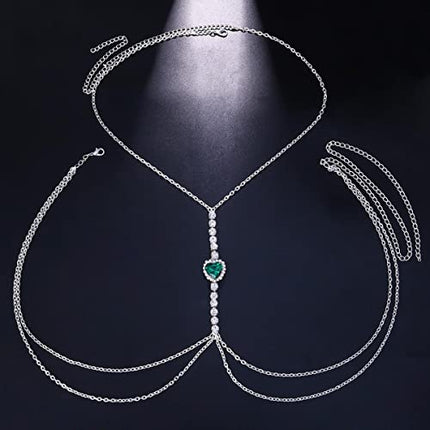 YAHOYA Cristallo Verde Petto Catena Imbracatura in Acciaio Inossidabile Ventre Vita Catena Corpo Gioielli Collana per Donne Accessori di Abbigliamento