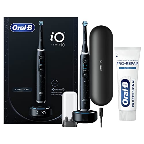 Oral-B Spazzolino Elettrico Ricaricabile iO 10 Nero, 1 Testina, 1 Custodia Da Viaggio ricaricabile, 1 Caricatore iO Sense + 1 Dentifricio Gengive & Smalto Pro-Repair Classico 75ml