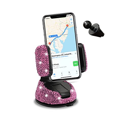 CGEAMDY Supporto Universale per Auto Con Strass E Cristalli, Porta Cellulare Portatile per Auto Universale Con Brillantini Diamanti a Strass, Rotazione a 360° Staffa Regolabile Universali(Rosa)