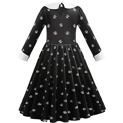 LZH Mercoledì Addams Vestito per Bambini Ragazze Addams Famiglia Cosplay Carnevale Uniforme Scuola Fancy Dress Up con Orecchino Parrucca e Borsa