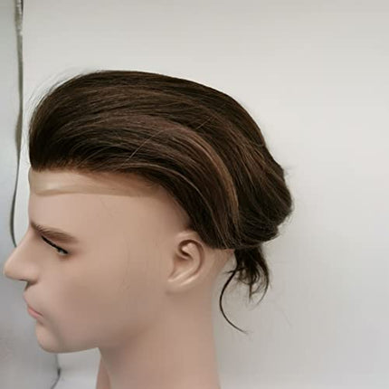Parrucchino da uomo PU Front Pizzo Toupee Pezzi dei Capelli Umani europei per gli protesi capelli uomo 8×10 pollici sottile 0.06 cm Uomo Parrucca Sistema parrucchino Sostituzione in Marrone chiaro