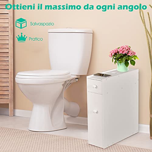 RELAX4LIFE Armadietto Salvaspazio da Bagno con Cassetti, Mobiletto Sottile per Gabinetto in Legno, Armadietto Laterale da Terra, Armadietto Versatile, 58 x 48,5 x 16 cm (Bianco)