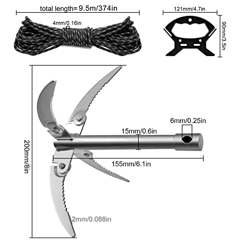 TIANLIN Ancora per Imbarcazioni, Ancora Nautica con Cima di Ancoraggio da 9,5 m e Maniglia, Gancio di Ancoraggio Pieghevole Zincato, Denti Ispessiti, Ancora Quad Hook per Kayak