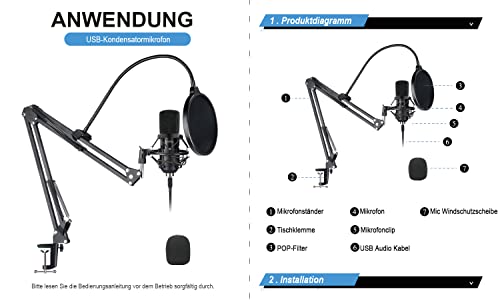 YOTTO USB Microfono a Condensatore Kit 192kHZ/24bit Microfono di Registrazione per Computer PC YouTube con Filtro Antipop, Supporto Regolabile, Ragno Anti Shock, Filtro Anti-Vento, Attaches de câble