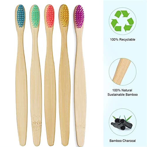 Jinpojun Spazzolini Bamboo[5 Pezzi],Spazzolini da Denti a Setole Morbide Senza BPA,Riutilizzabili e Biodegradabile,con Setole di Carbone Morbide e Disegno Ergonomica-5 Colori