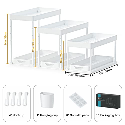 SKYSER organizer sottolavello cucina a 2 Livelli, con 4 Ganci, 8 tappetini Antiscivolo e 1 Tazza appesa organizzatore portadetersivi sotto lavello da cucina (Bianco)