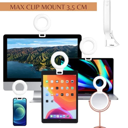 Luce Per Videoconferenza, Selfie Ring Light Mini, Lampada Ricaricabile ad Anello con 60 Led, 3 Tonalità di Luce e Clip da 3,5cm per Telefono, Accessorio Utile per Video, Foto, TikTok, Trucco