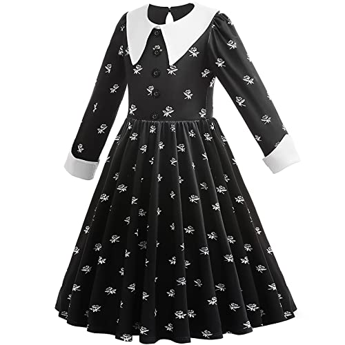 LZH Mercoledì Addams Vestito per Bambini Ragazze Addams Famiglia Cosplay Carnevale Uniforme Scuola Fancy Dress Up con Orecchino Parrucca e Borsa