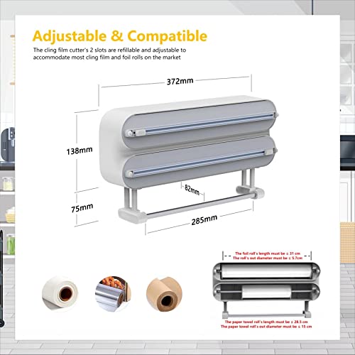 Dispenser e Taglierina Magnetica per Pellicola Trasparente - Supporto per Rotolo da Cucina 3 in 1 Montato a Parete, Quasziwa Dispenser Carta Stagnola in Alluminio con 50M Pellicola Alimentare, Bianco