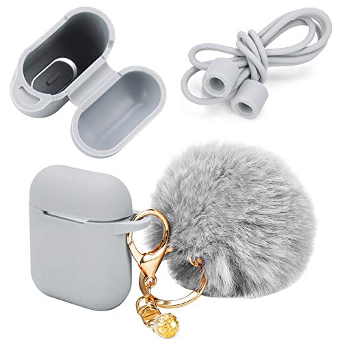 Custodia protettiva con portachiavi a forma di pompon compatibile con custodia di ricarica per AirPods, guscio in silicone antipolvere e cinghia anti-smarrimento, con moschettone di bloccaggio