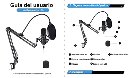 YOTTO USB Microfono a Condensatore Kit 192kHZ/24bit Microfono di Registrazione per Computer PC YouTube con Filtro Antipop, Supporto Regolabile, Ragno Anti Shock, Filtro Anti-Vento, Attaches de câble