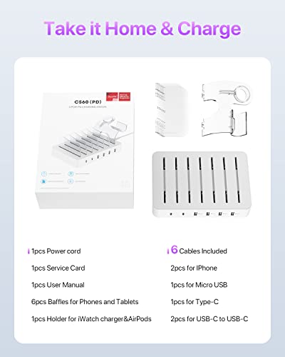 SOOPII Stazione di ricarica USB C a 6 porte per più dispositivi, 2 PD 20 W di ricarica rapida, 6 cavi di ricarica e 1 supporto aggiornato per caricabatterie I Watch e Air Pod inclusi …