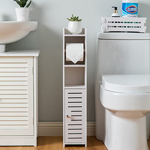 AOJEZOR Porta carta igienica, Colonnina con portarotolo, Piantana portarotolo e portascopino 2 in 1, Mobile Bagno, Bianco Realizzato (Bianco)