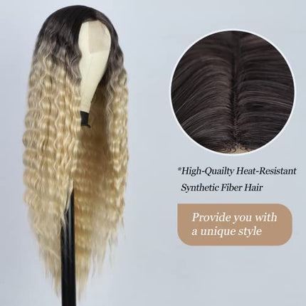 HAIRCUBE Lungo Curly Front-Lace Parrucche Natura per le Donne Parte centrale Wavy Looking Fibra Resistente al calore Parrucche sintetiche (Ombra bionda)