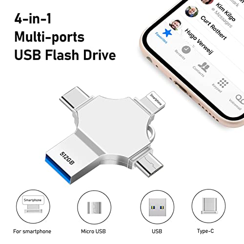 gaborlet Chiavetta USB 512GB 4 In 1 Pen Drive Adalta Velocità USB 3.0 Pennetta USB Grande Capacità Pendrive 512GB Memoria Esterna per Smartphone Tablet OTG Android Computer
