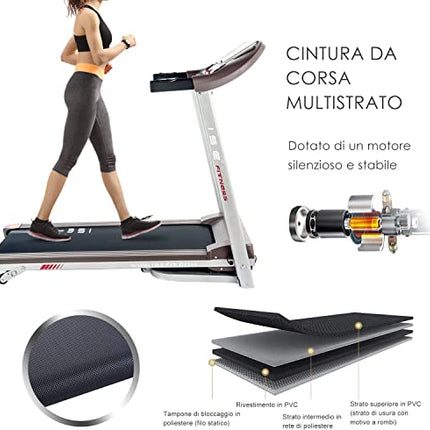 ISE Silenzioso Tapis Roulant Pieghevole Elettrico, Motore 1,5HP con Velocità Regolabile Fino 14Km/H, con 12 Programmi di Preimpostati e Schermo LCD USB, Allenamento Cardio,Tapirulan Elettrico SY-T2708