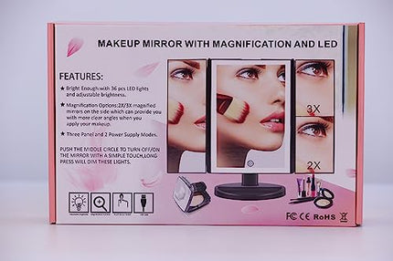 WEILY Specchio per il Trucco con Luce, Specchio Cosmetico Triplo con Ingrandimento 2X/3X, 36 Luci a LED e due Modalità di Alimentazione Specchio Cosmetico da Tavolo