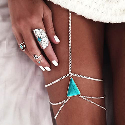 Bramian Multi-strato Turchese Gamba Catena per il corpo Gioielli in argento Spiaggia Elastico Catena per coscia Bikini Accessori per il corpo Gioielli per le donne