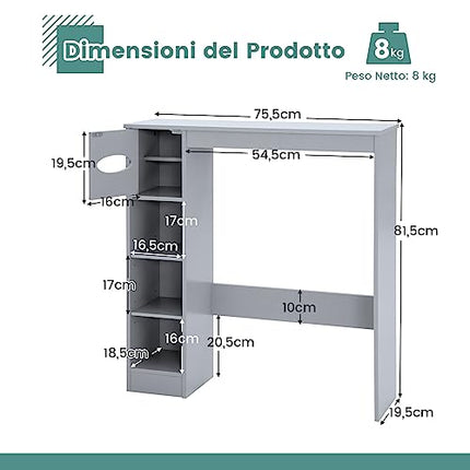 COSTWAY Mobile Sopra WC, Mobiletto Salva Spazio da Bagno Autoportante con Ripiani Regolabili e Porta Carta Igienica, Organizzatore Multifunzionale per Bagno, 75,5x19,5x81,5cm (Grigio)