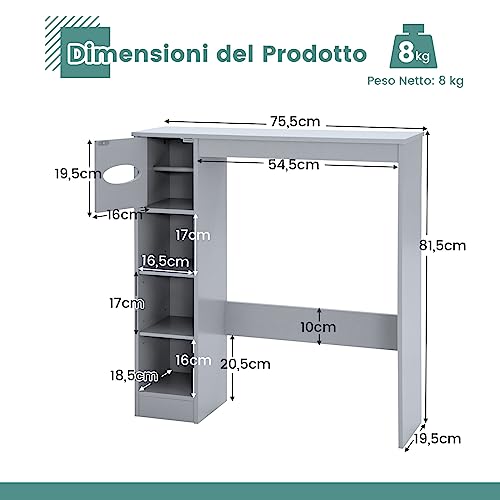 COSTWAY Mobile Sopra WC, Mobiletto Salva Spazio da Bagno Autoportante con Ripiani Regolabili e Porta Carta Igienica, Organizzatore Multifunzionale per Bagno, 75,5x19,5x81,5cm (Grigio)