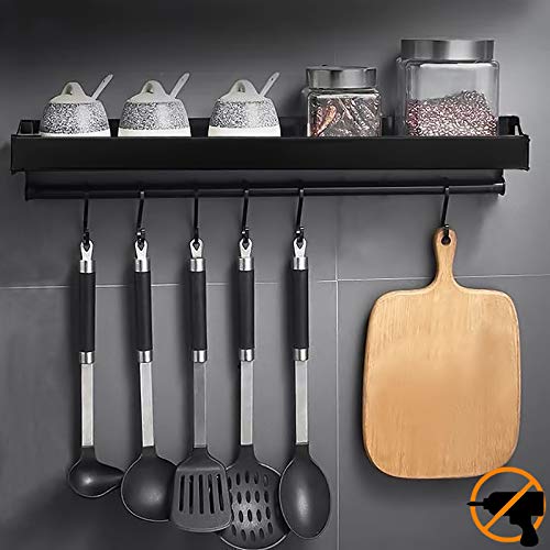 MUOIVG Mensole Cucina,Mensola Organizer con 6 ganci rimovibili, Porta Utensili da Cucina, porta spezie da parete,organizer cucina， Alluminio, Finitura Opaca,per corridoio bagno cucina