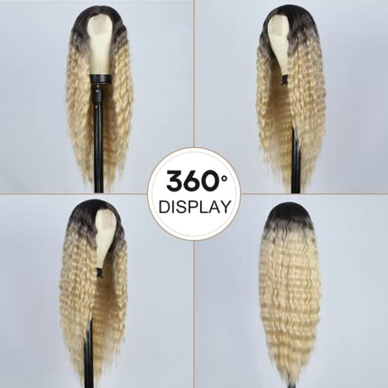 HAIRCUBE Lungo Curly Front-Lace Parrucche Natura per le Donne Parte centrale Wavy Looking Fibra Resistente al calore Parrucche sintetiche (Ombra bionda)