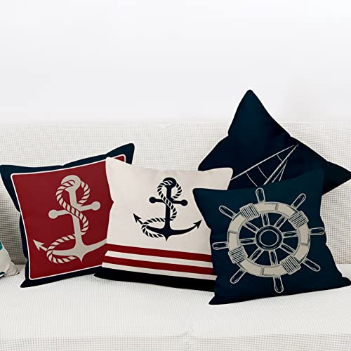 Aoihrraan 46x46cm Confezione Da 4 Copricuscini Divano Nautico Oceano Ancora Faro Barca A Vela Blu Navy Biancheria Quadrata Federe Per Cuscini Decorare In Lino Arredo Casa Giardino Camera Letto