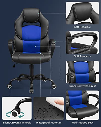 SONGMICS Sedia da Ufficio, Sedia da Gaming Ergonomica, Meccanismo Oscillante, Altezza Regolabile, Sedia da Scrivania per i Sedentari, Traspirante, Nero e Blu OBG025Q01