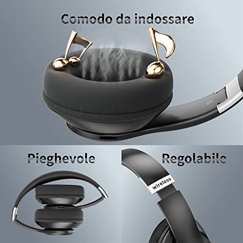 Cuffie Bluetooth Over Ear, 60 Ore Di Riproduzione, Cuffie Wireless 6 EQ Modalità Di Suono con Filo, Cuffie con Microfono Stereo HiFi, USB C, SD/TF, FM, Cuffie Bluetooth 5.0 per Sport Viaggio, Studio