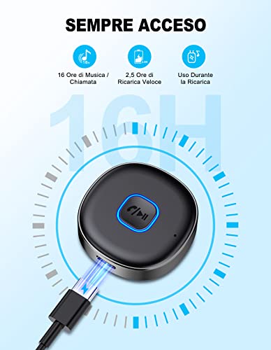 Mohard Ricevitore Bluetooth 5.0, Mini Aux Bluetooth Auto per Stereo/Altoparlante/Cuffie Cablate, Adattatore Bluetooth Auto Jack 3.5 mm, Chiamate in Vivavoce, Connessione Doppia, 16 Ore di Riproduzione