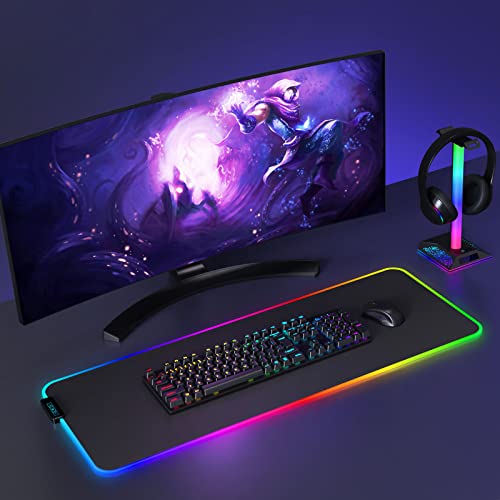 Hcman Porta Cuffie Gaming Accessori RGB LED Supporto Cuffie da Gioco con 2 Porte USB, Stand Cuffie Reggi Cuffie da Scrivania PC Gamer Headset Stand, Nero