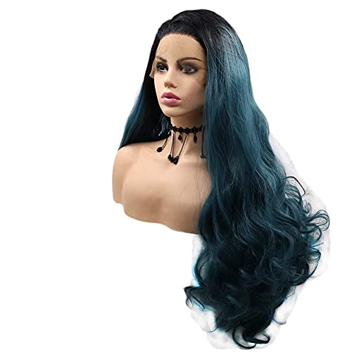 Parrucche lunghe ondulate blu verde pizzo anteriore per donna capelli ombre di colore misto con radici scure parrucca sintetica resistente al calore festa cosplay Halloween uso quotidiano 61 cm