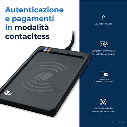 Bit4id Lettore CIE 3.0 per Carta d’Identità Elettronica, Tessera Sanitaria e Carte contactless miniLector CIE connessione USB e Compatibile con Windows, Mac, Linux