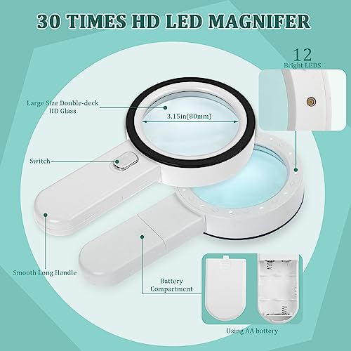 Lente d'ingrandimento con Luce, 30X Lente Ingrandimento Professionali con 12 LED per Lettura, Ispezione, Esplorazione, Anziani, Gioiellieri, Bambini (Pulsante d'argento)