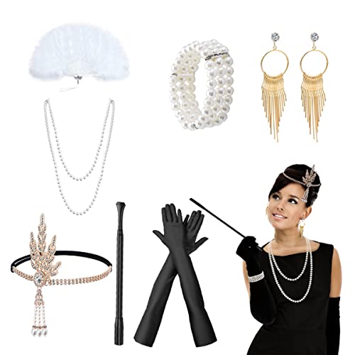 LOMUG Set di accessori per costume da donna anni '20, accessorio per costume anni '20, costume da donna con copricapo, guanti, orecchini, collane, bracciali, fan per balli di fine anno decorazione set