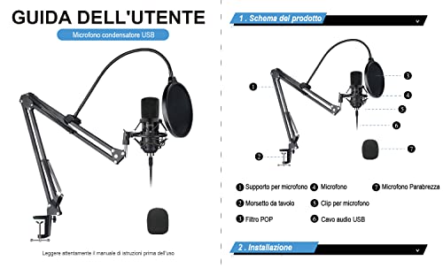 YOTTO USB Microfono a Condensatore Kit 192kHZ/24bit Microfono di Registrazione per Computer PC YouTube con Filtro Antipop, Supporto Regolabile, Ragno Anti Shock, Filtro Anti-Vento, Attaches de câble