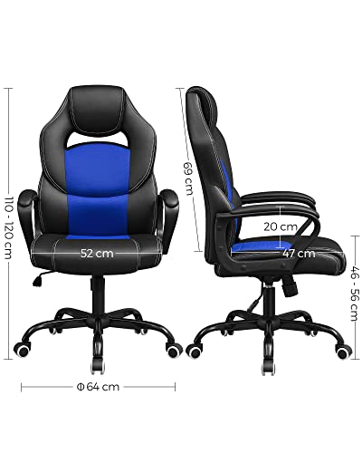 SONGMICS Sedia da Ufficio, Sedia da Gaming Ergonomica, Meccanismo Oscillante, Altezza Regolabile, Sedia da Scrivania per i Sedentari, Traspirante, Nero e Blu OBG025Q01