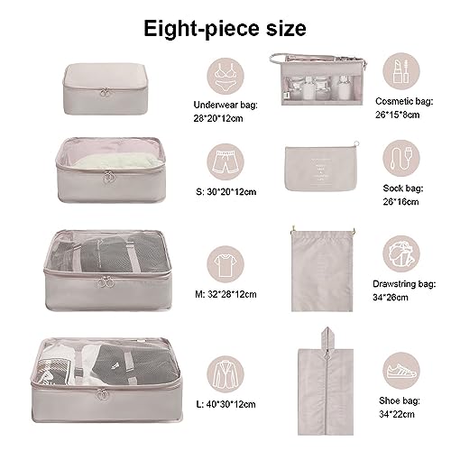 OSDUE Organizer Valigie, 8 Pezzi Sistema di Cubo di Viaggio, Separatori Buste Viaggio Travel Organizer, Abbigliamento Intimo Calzature Organizzatori Sacchi Valigia di Stoccaggio Set (Beige)