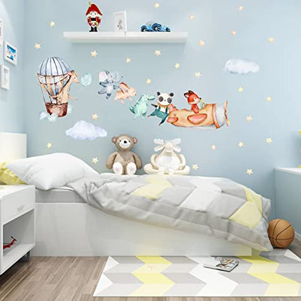 TOARTI 34pcs Adesivi da Parete per Camera Bambini,Animale Adesivi Murali,Mongolfiera Aereo Sticker Murali per Camera da Letto,Stella Colore Chiaro Decalcomanie per Cameretta Aula Soggiorno