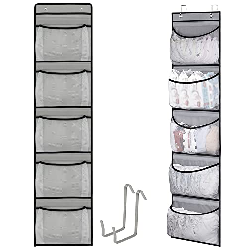 duozoanz Organizer Appendere Custodia Stoccaggio Pensile - Rete Sacchetti Sospeso Mensola Parete Organizzatore Sopra Porta con 5 Grandi Tasche e 2 Ganci per Bagno Peluche Armadio, Grigio