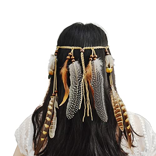 Yean Fascia per capelli stile bohémien, con nappa, stile hippie, stile indiano con piume, accessorio tribale, per donne e ragazze