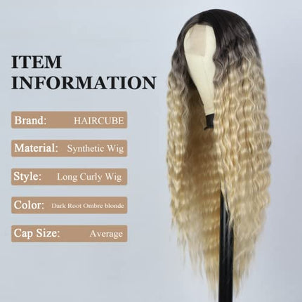 HAIRCUBE Lungo Curly Front-Lace Parrucche Natura per le Donne Parte centrale Wavy Looking Fibra Resistente al calore Parrucche sintetiche (Ombra bionda)